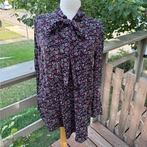Navy Floral Blouse with Neck Tie